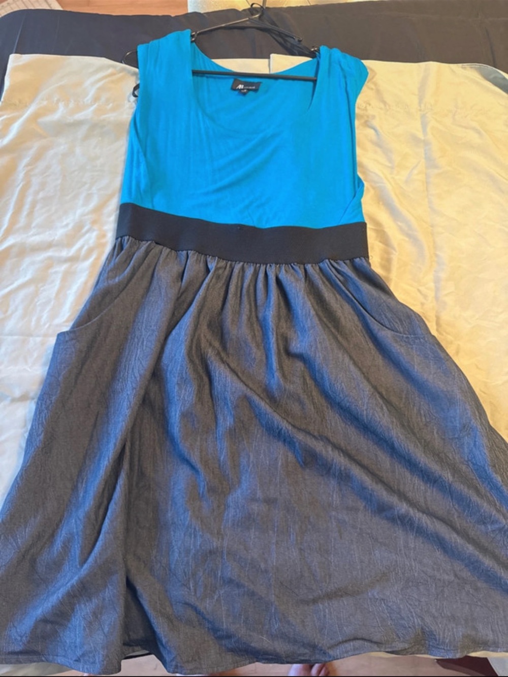 AB Studio Turquoise and Gray Sleeveless Fit-and-Flare Dress